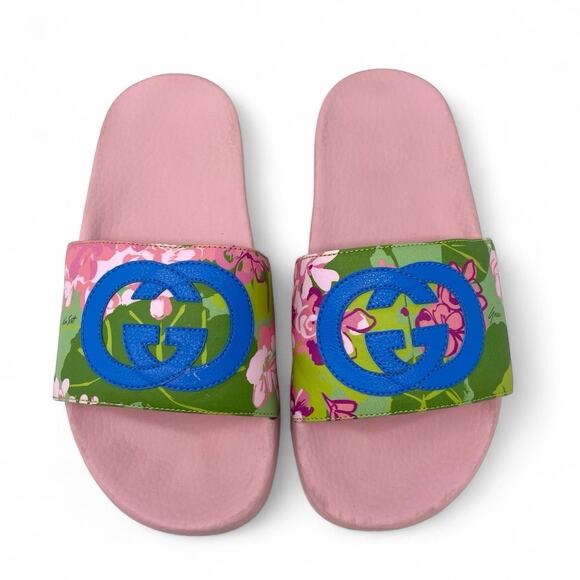 Gucci x Ken Scott GG Pursuit Floral Print Slide Slip On Flat Sandals Pink EU 37 - Picture 2 of 15
